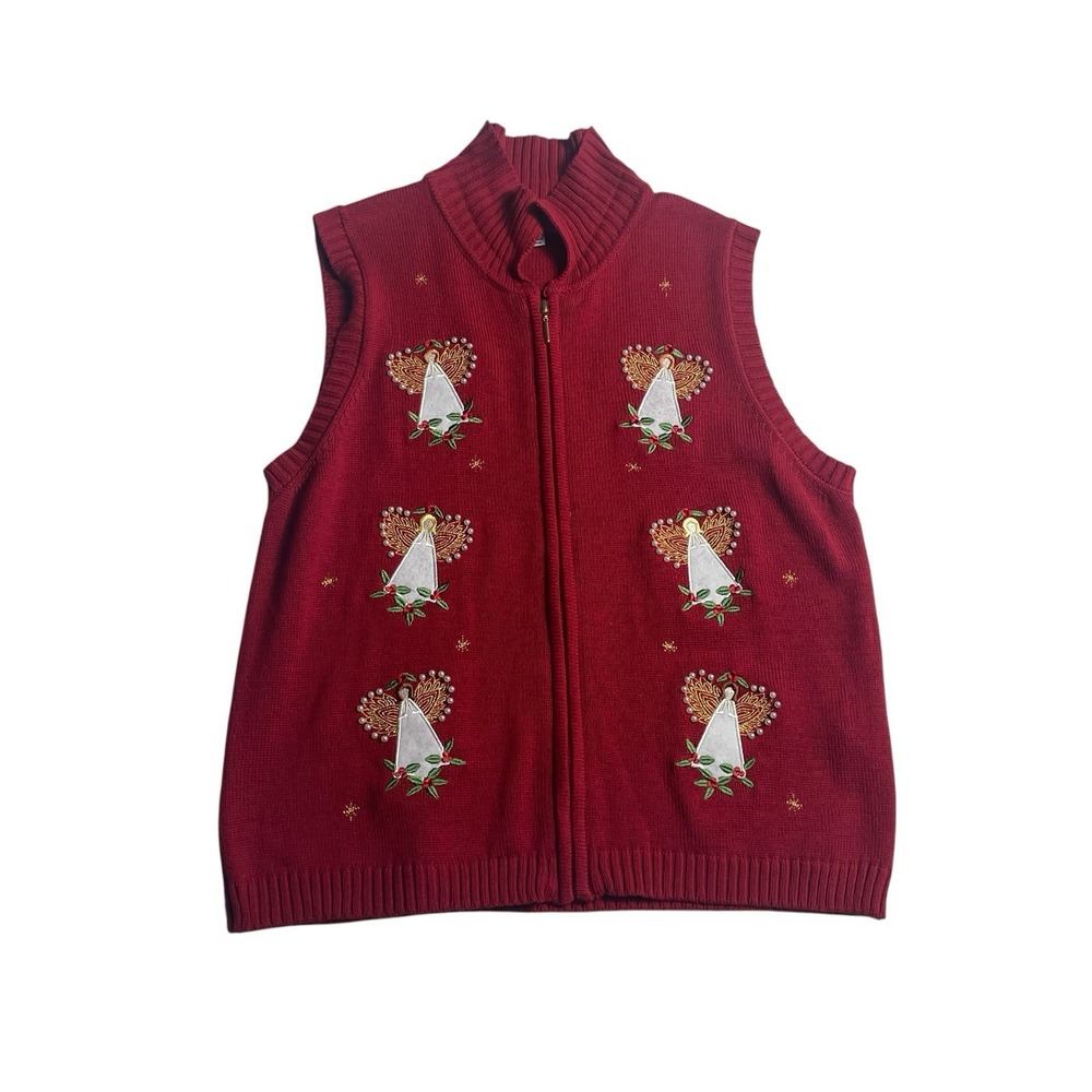 Southern Lady Christmas Sweater Vest Women M Red Embroidered Angels Pearl Zip